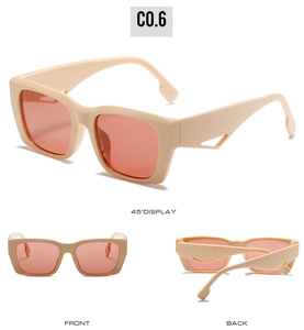 Three views of beige oversized square sunglasses with pink lenses and hollow temples