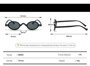 Detailed size chart and technical specifications for retro oval hip hop sunglasses