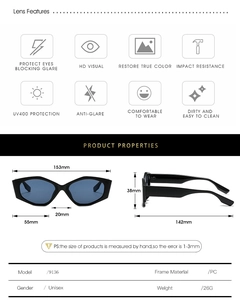 Irregular cat eye sunglasses size guide and UV400 polarized lens feature specs