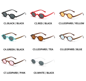 Multiple color variations of retro oval sunglasses displayed in a neat organized matrix