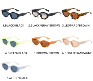 Matrix display of seven stylish cat-eye sunglasses in assorted colors and patterns