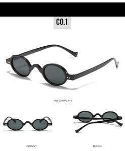 Three-angle view of vintage round sunglasses in classic black with C0.1 model details