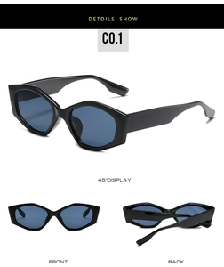 Three-angle view of black irregular geometric cat-eye sunglasses with dark blue lenses