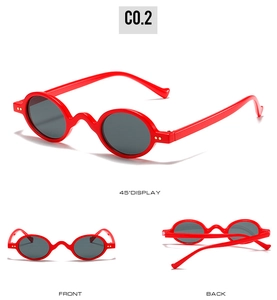 Three-way view of red vintage small round sunglasses showing front, back, and 45-degree angle