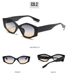 Detailed multi-angle view of black hexagonal sunglasses with purple to orange gradient lenses