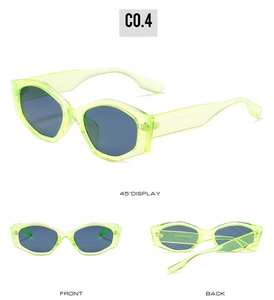 Multi-angle view of neon green geometric sunglasses with dark lenses and thick frames