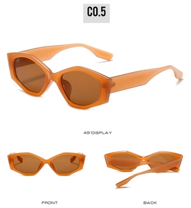 Three-angle views showing orange geometric cat-eye sunglasses with dark brown lenses