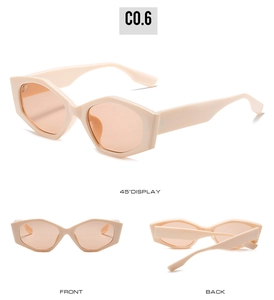 Three-view layout of beige geometric cat-eye sunglasses with orange lenses in detail