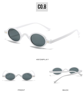Three views of retro small round white sunglasses with dark grey lenses and gold accents