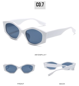 Three-angle view of white hexagonal sunglasses featuring light blue tinted lenses