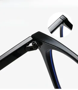 Detail showing reinforced metal hinges and mortise temples on black eyewear frames