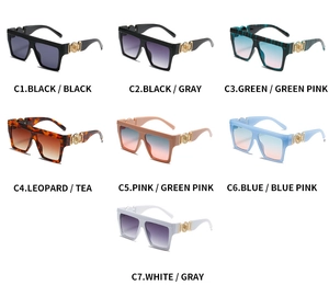 Multiple color options of square frame oversized sunglasses with gold floral relief detail