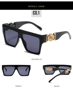 Detail view showing front, back, and 45-degree angles of square sunglasses with gold accents