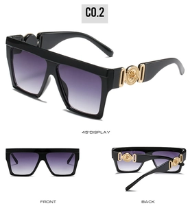 Three-way view of square sunglasses featuring gradient lenses and gold metal flower detail