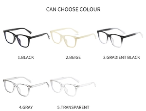 Five available colors of retro square eyeglass frames with rivet details and TR90 material