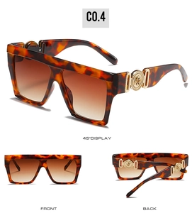 Detailed views of square oversized sunglasses with tortoiseshell frames and gold accents