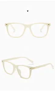 Detail view of beige square TR90 eyewear frame with rivet accents for blue light blocking
