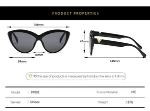 Detailed size chart for cat-eye sunglasses featuring lens width and frame measurements