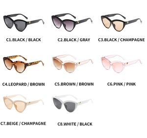 Detailed catalog of cat-eye sunglasses featuring metal V accents in eight assorted colors