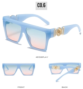 Detailed view of oversized square sunglasses featuring blue-to-pink gradient lenses and gold metal accents