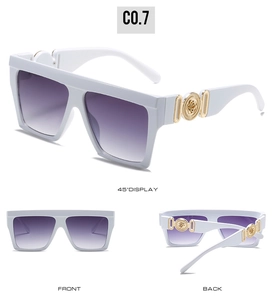 Detailed views of white square oversized sunglasses with purple gradient lenses and gold floral hardware