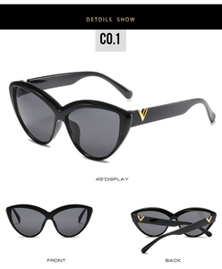 Three-angle view of cat-eye sunglasses featuring black frames and gold V-shaped metal accents