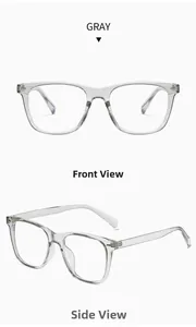Front and side views of transparent gray TR90 rectangular glasses frames with studs