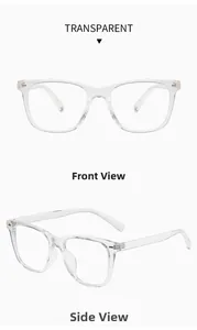 Front and side views of transparent TR90 square rivet eyeglass frames showing full details