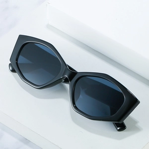 Fashionable black irregular hexagonal sunglasses with dark grey lenses and resin frames
