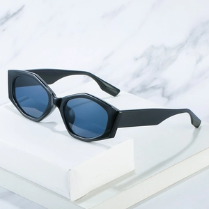 Modern irregular hexagonal cat eye sunglasses with thick black frames and blue lenses