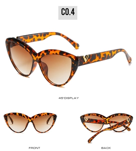 Detailed multi-angle view of oversized cat-eye sunglasses with tortoiseshell frame and V-metal