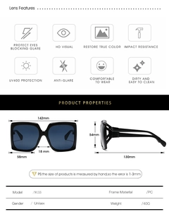 Tableau des tailles et spécifications techniques pour lunettes de soleil carrées unisexes