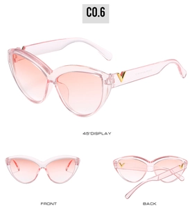 Detailed view of oversized cat-eye sunglasses with pink gradient lenses and gold V accents