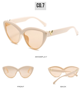 Three views of oversized cat eye sunglasses with cream frames and V-shaped metal logo