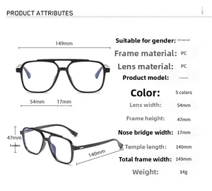 Size chart for unisex TR90 double bridge glasses showing frame dimensions and 14g weight