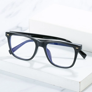 Square TR90 anti-blue light glasses with black frames and gold rivet metal accents