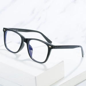 Classic black square TR90 anti-blue light glasses frame with gold rivet details on white