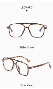 Detailed front and side views of leopard print TR90 retro double bridge glasses frames