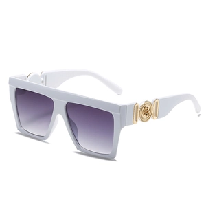 Oversized white square sunglasses with purple gradient lenses and gold flower metal details