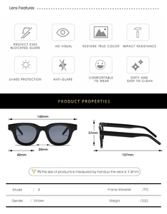 Detailed dimensions of rectangle UV400 sunglasses with 145mm frame width and PC material