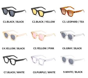 Multiple color options for oval sunglasses including black, leopard, and transparent frames