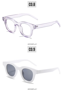 Detailed 45-degree view of oval sunglasses in white and purple frames on a white background