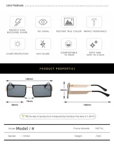 Detailed size specifications and UV400 lens features for metal square frame sunglasses