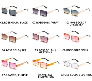 Collection of nine rectangular rimless sunglasses with metal temples and colorful lenses