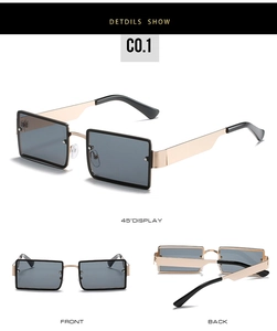 Three-angle view of square sunglasses with gold metal temples and black frame