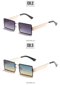 Detail view of rectangular sunglasses with gradient lenses and metal arms in 45-degree angle
