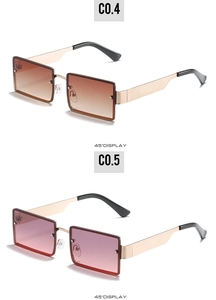 Detail of square sunglasses with wide metal temples and gradient lenses in 45-degree view