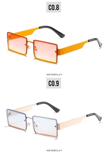 Close-up of trendy square sunglasses with wide metal temples in gradient color options