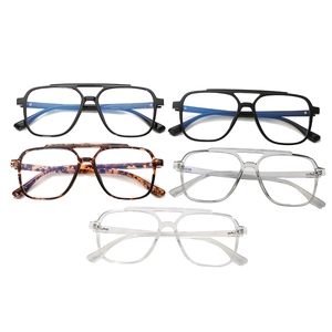 Five pairs of retro double-bridge TR90 aviator glasses frames in various colors and finishes