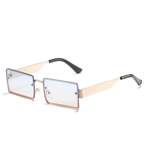Modern rectangle frame sunglasses with golden metal temples and black tips on white background